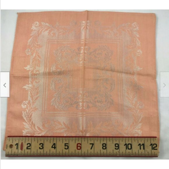 Peach Satin Damask Cloth Napkin Set with Ornate Design 12" Square Vintage 90s - Picture 3 of 3